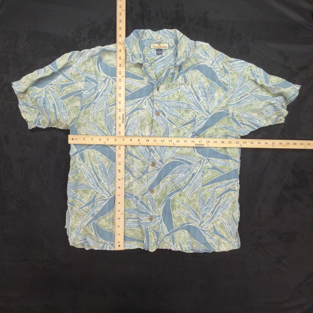 Tommy Bahama Mens L Hawaiian Silk Camp Shirt Blue Sage Tropical Leaf Print